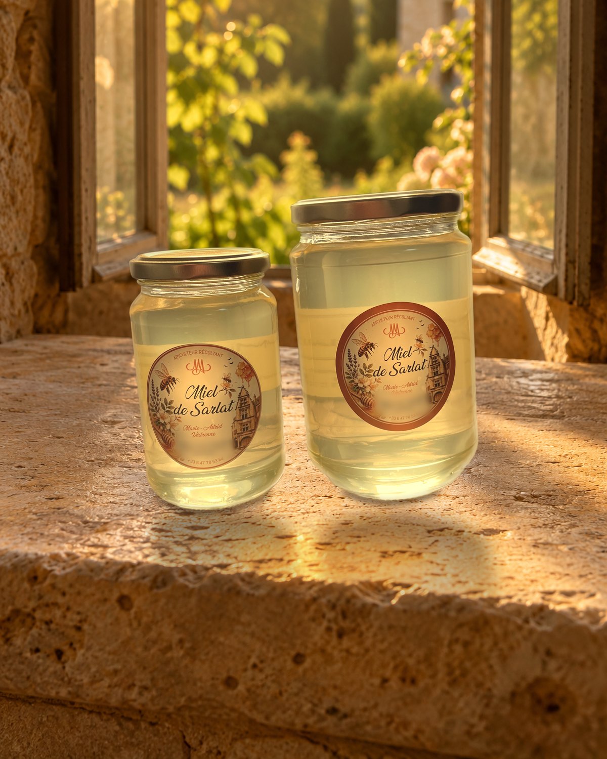 Deux pots de miel d'acacia Miel de Sarlat, 500 g et 1 kg, sur un rebord de fenêtre en pierre blonde, à contre-jour